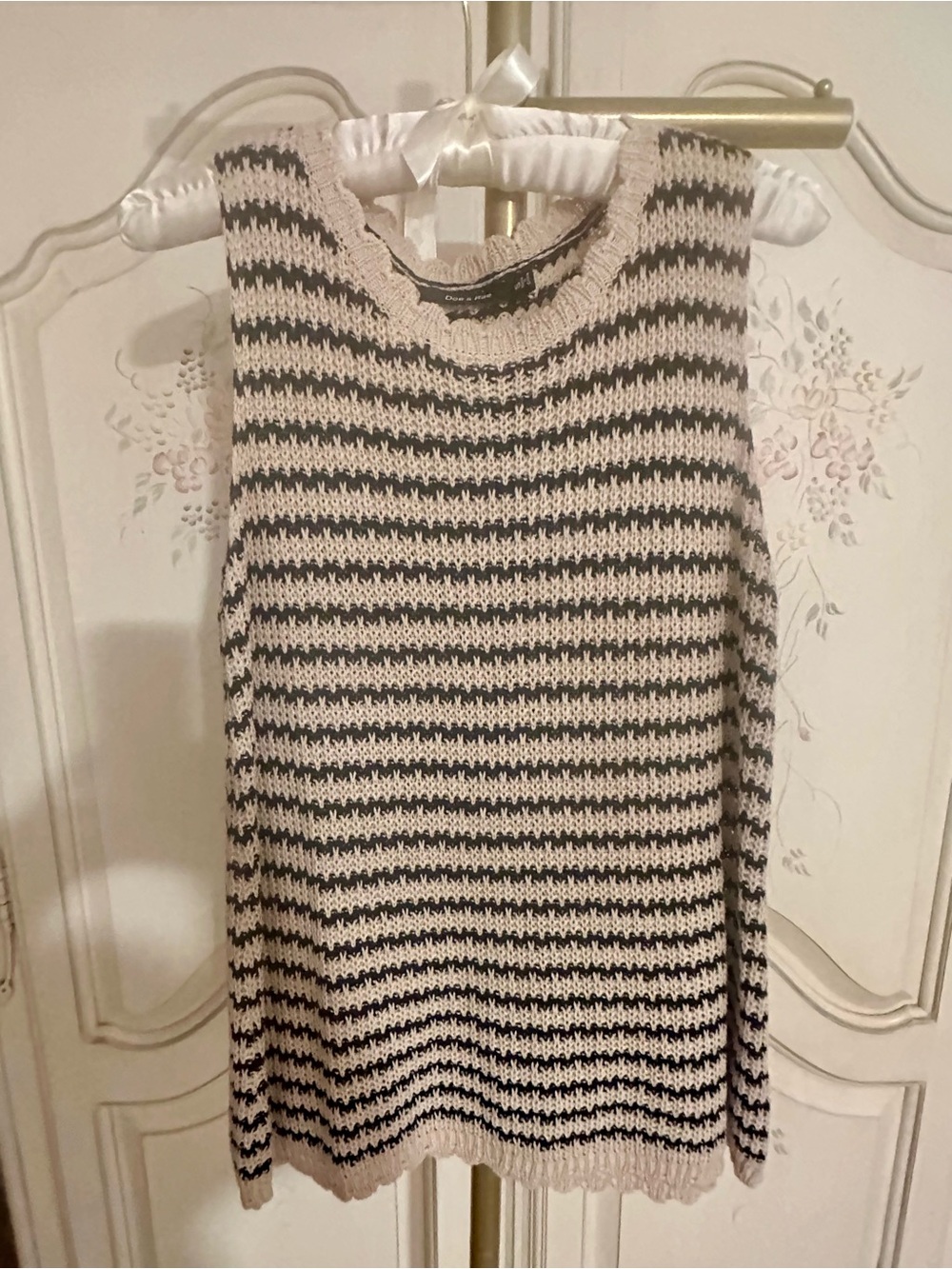 Doe & Rae Black and Cream Striped Sleeveless Knit Sweater